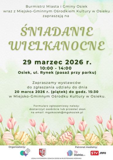 Plakat informujący o śniadaniu wielkanocnym 29 marca 2026 od godz. 10:00 na rynku w Osieku 